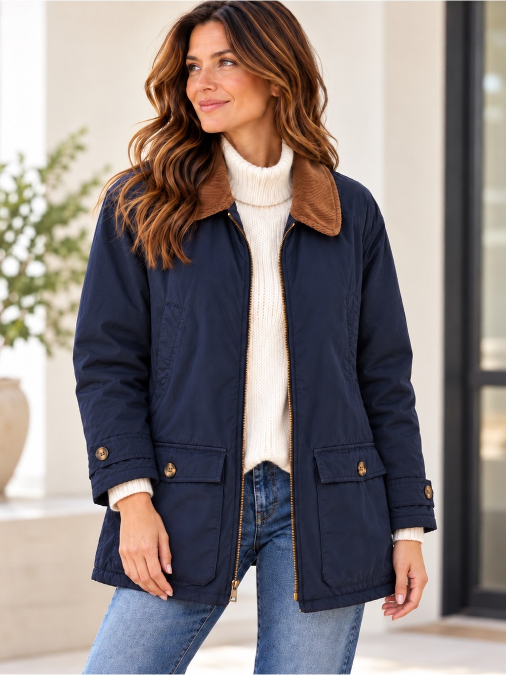 Vintage Eddie Bauer Goose Down Barn Coat Navy Corduroy Collar Women’s L